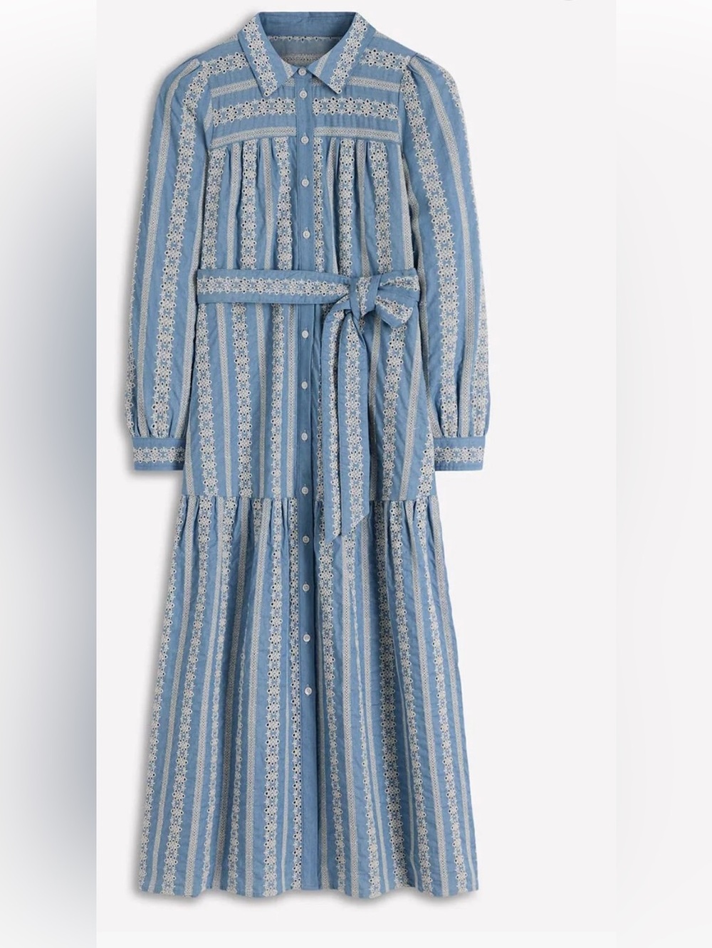 Boden Ellie Cotton Maxi Shirt Dress Broderie Denim Sz 16-18L Missing Belt.